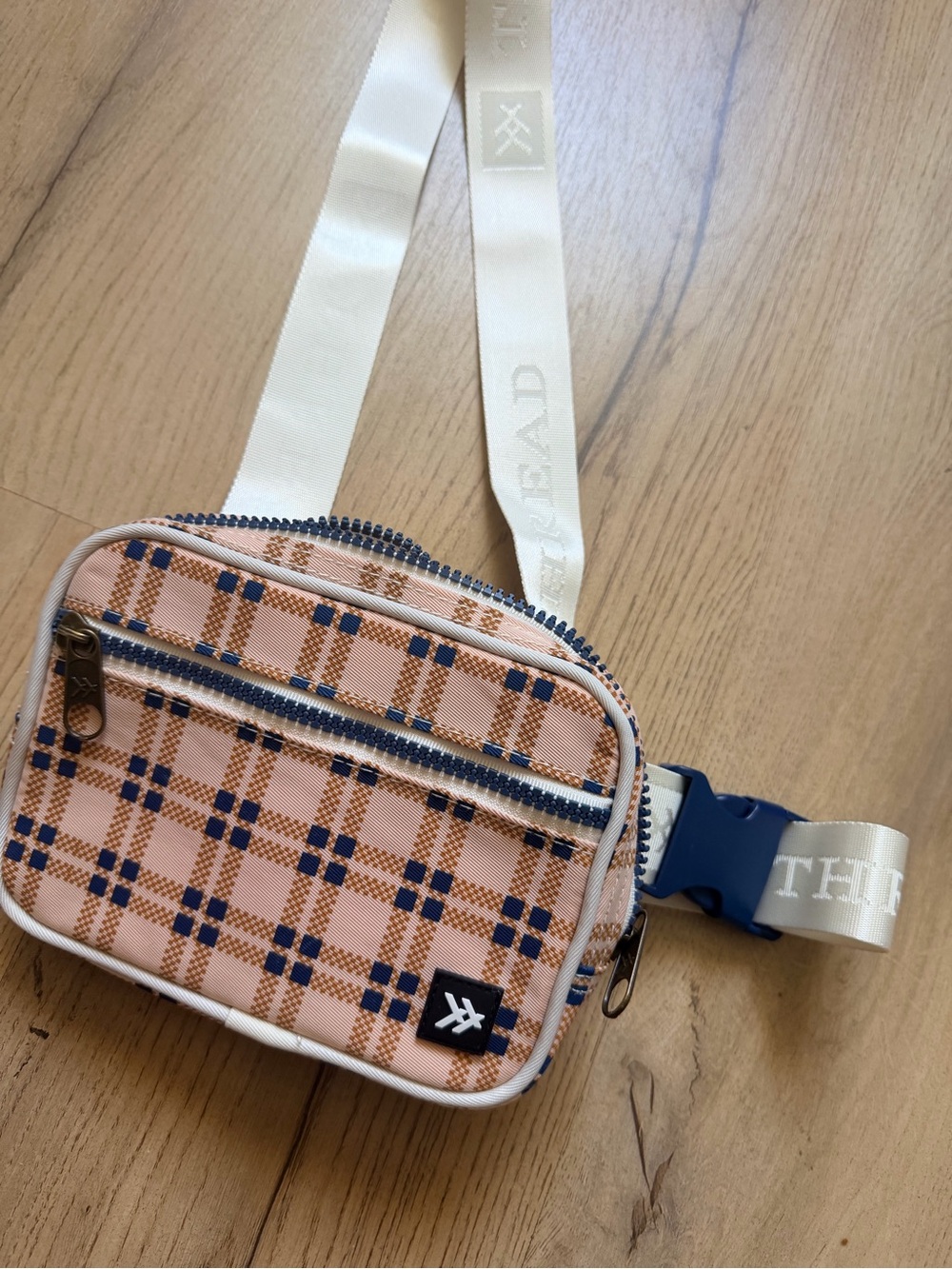 Thread Peach Plaid Crossbody Belt Bag with Navy Accents